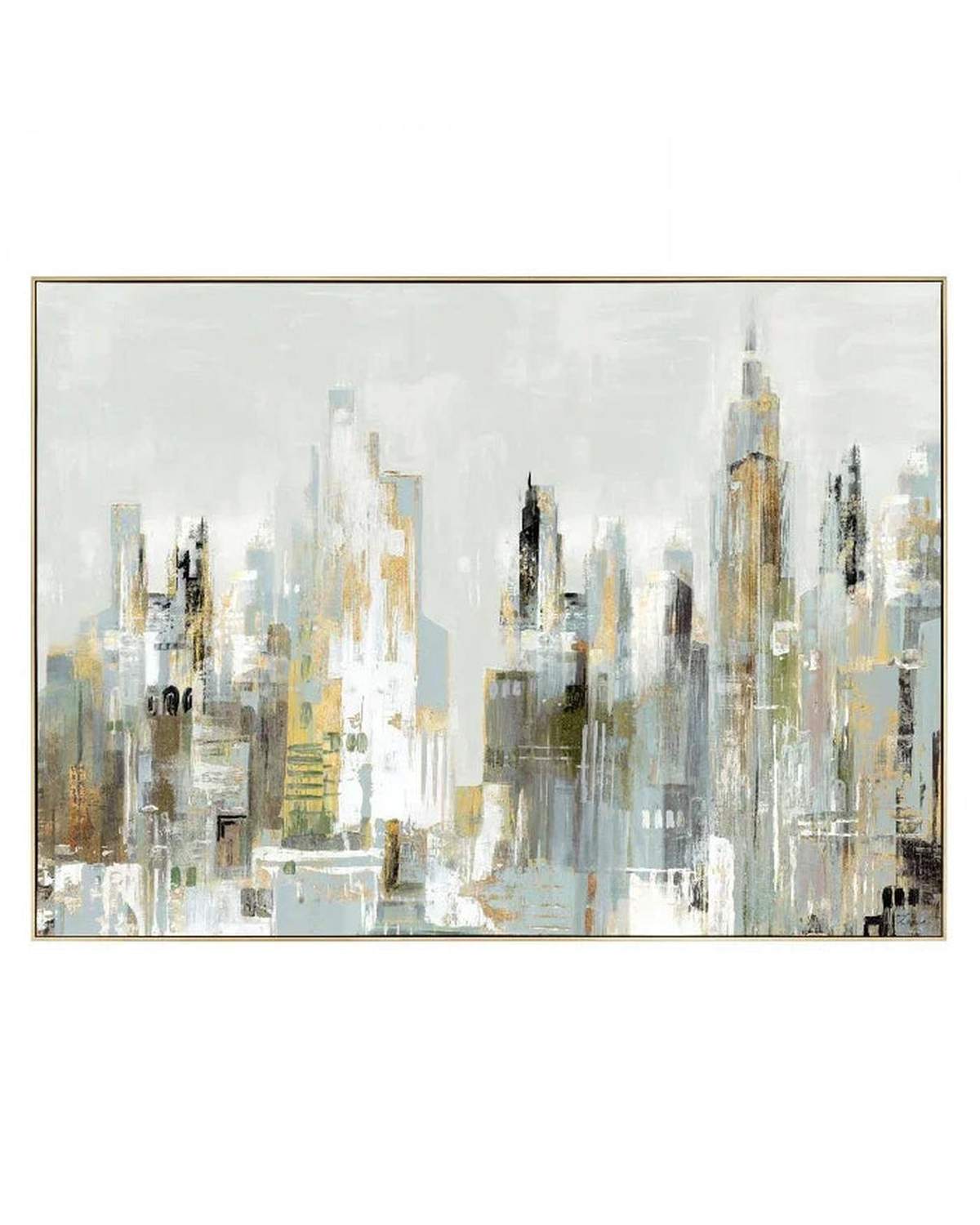 Abstract cityscape painting with gold and gray tones on a white background