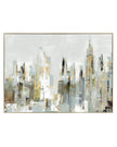 Abstract cityscape painting with gold and gray tones on a white background