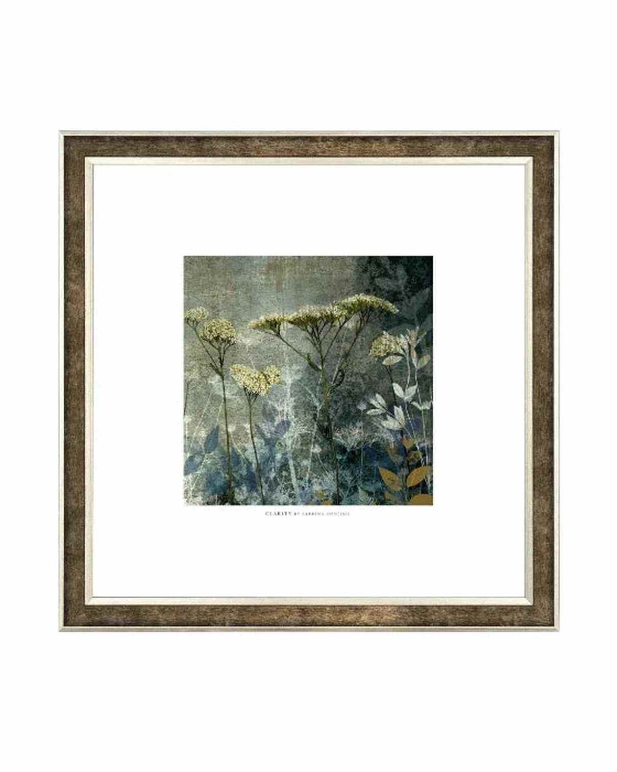 Framed artwork of nature scene with plants and flowers on a white background