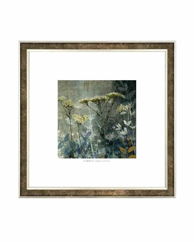 Framed artwork of nature scene with plants and flowers on a white background