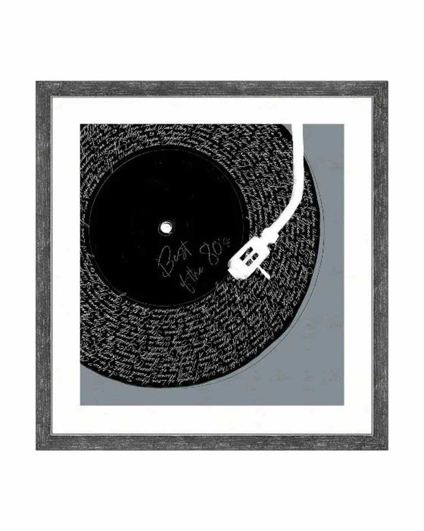 Framed artwork of a turntable with a vinyl record and a guitar silhouette on a white background