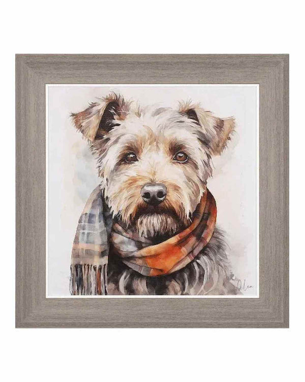 Framed artwork of a dog wearing a scarf on a white background