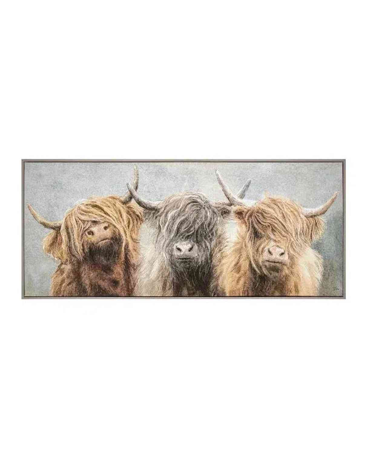 Framed artwork of three highland cows on a textured background