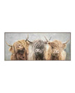 Framed artwork of three highland cows on a textured background