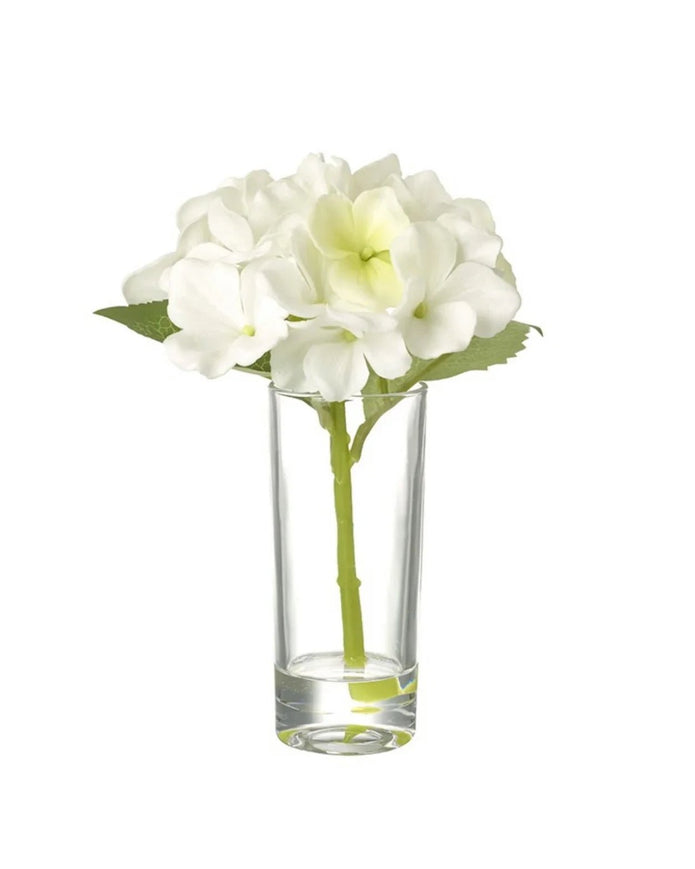 Artificial Mini White Hydrangea Stem In A Glass Bud Vase - Faux Plants & FlowersFaux Plants & Flowers - Lulu Loves Home