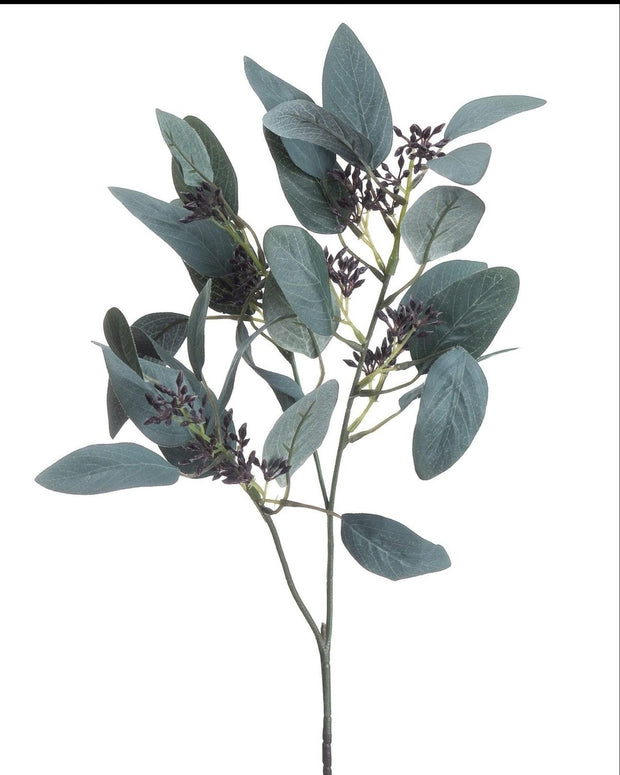 Artificial eucalyptus branch with green leaves on a white background
