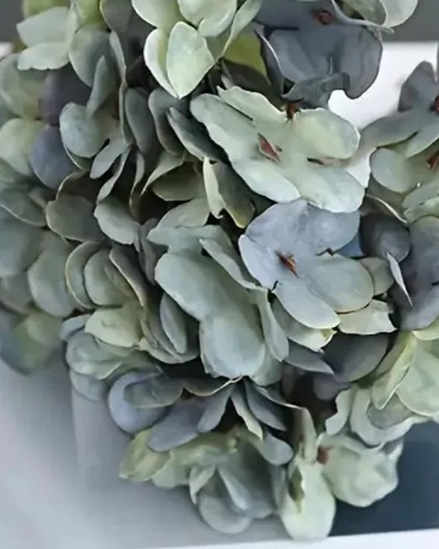 Set of artificial short dusky blue hydrangea stems by Starlight Express, realistic silk flowers for home decor or floral arrangements.