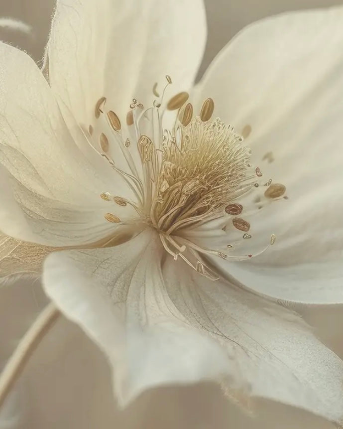 Large neutral botanical wall art print featuring an anemone flower by Brayden and Brooks, framed and ready for wall display.