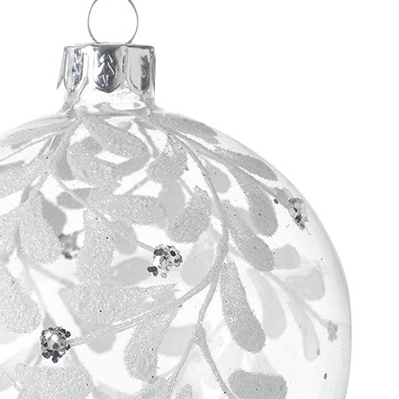 Clear Glass Bauble With White Leaves, close-up of the white leaf pattern and silver cap