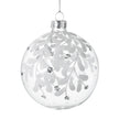Clear Glass Bauble With White Leaves, clear round bauble with white leaves and a silver cap on white