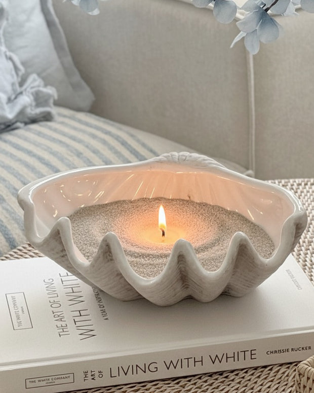 Large neutral stone clam shell bowl by Hill Interiors, perfect for home decor, with a matte finish and natural stone appearance.
