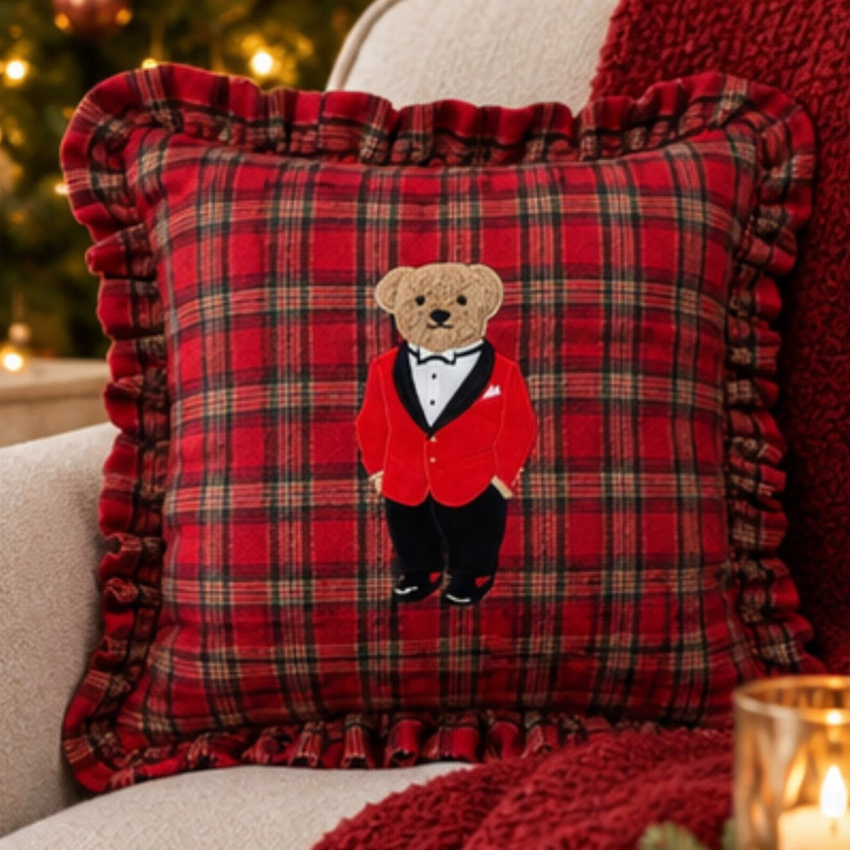 Red Tartan Teddy Bear Cushion Cover