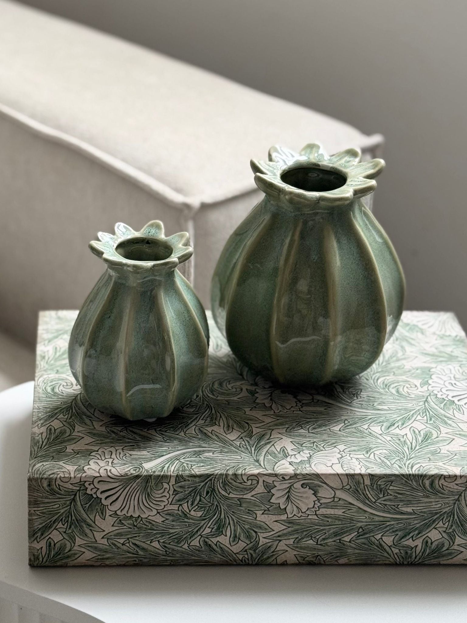 Set of two Coach House vintage cream and green design storage book boxes for home decor, featuring decorative patterns and sturdy build.