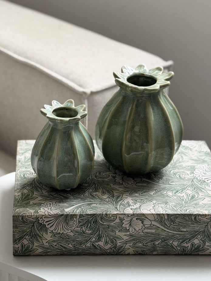 Set of two Coach House vintage cream and green design storage book boxes for home decor, featuring decorative patterns and sturdy build.