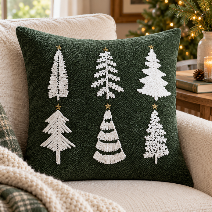 Green Embroidered Fluffy Christmas Tree Cushion Cover