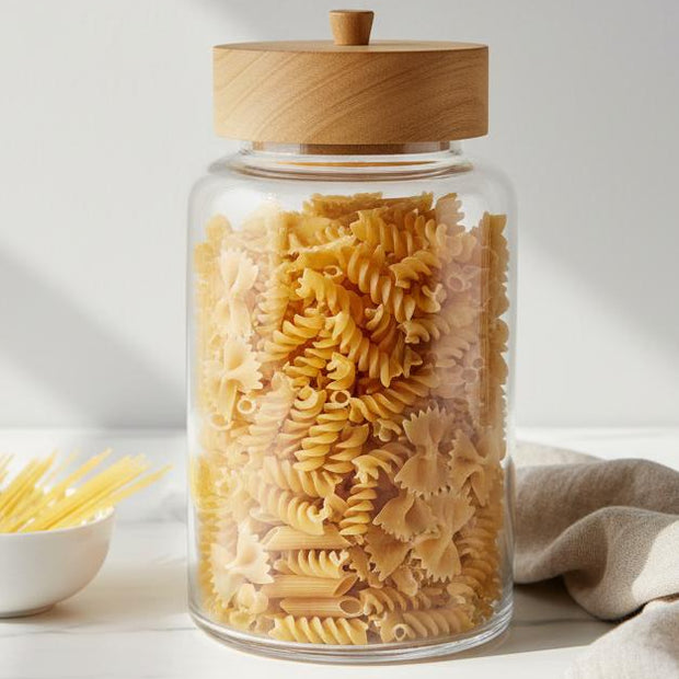 Glass Jar With Wooden Lid, clear storage jar with wooden lid filled with spiral pasta