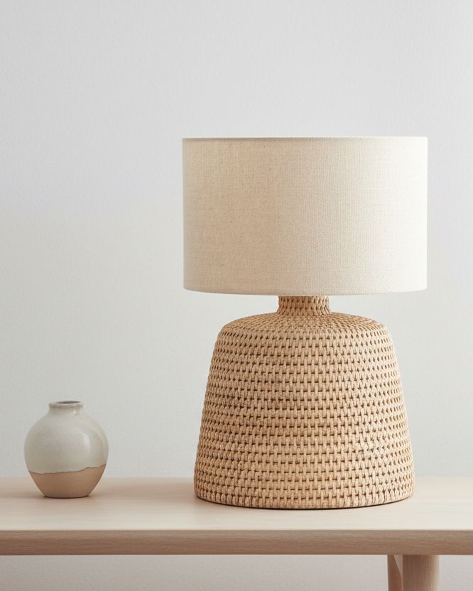 Lows rattan small table lamp with fabric shade for home decor, featuring natural woven rattan design and cozy lighting.