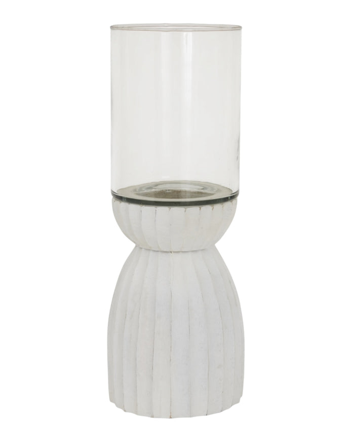 White carved hurricane lantern for home decor, featuring intricate patterns and a classic design by Hill Interiors.