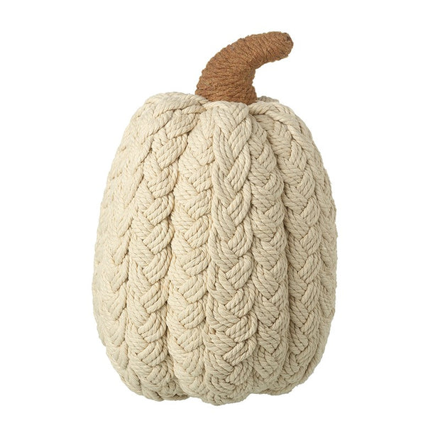 Tall Cream Natural Plaited Pumpkin Decoration, tall cream woven pumpkin with a curved brown stalk against white