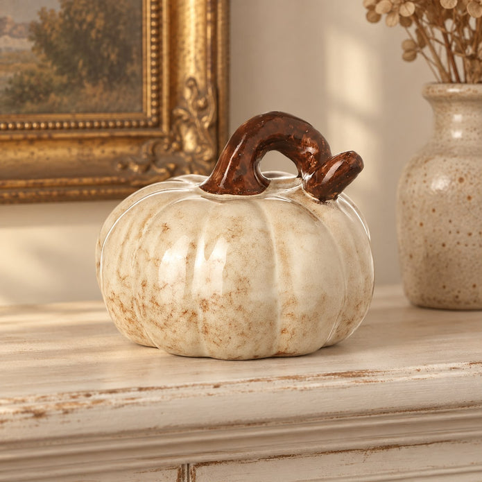 Cream And Brown Ceramic Pumpkin