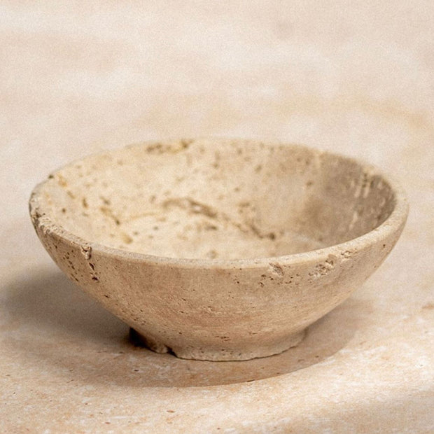 Travertine Decorative Small Bowl, small pale travertine bowl on a stone surface