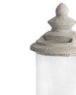 Stone lidded hurricane candle lantern for home decor, featuring a clear glass enclosure and rustic stone finish by Hill Interiors.