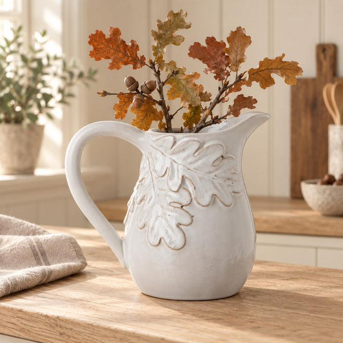 White Ceramic Jug With Oak Leaf Design