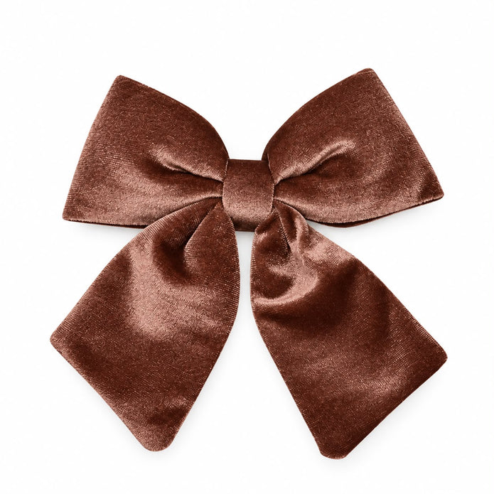 Velvet chocolate brown Christmas clip-on bow by Widdop & Co, featuring soft fabric and festive holiday design.