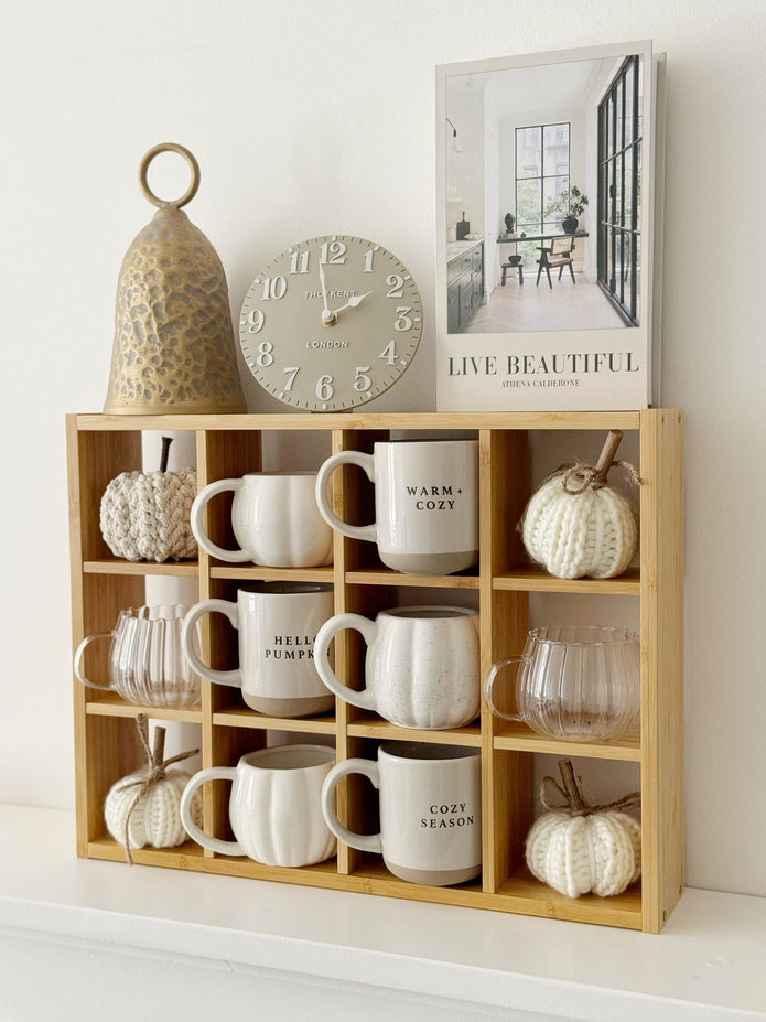 Wooden mug display shelf unit from Starlight Express, ideal for kitchen and dining room organization and decor.