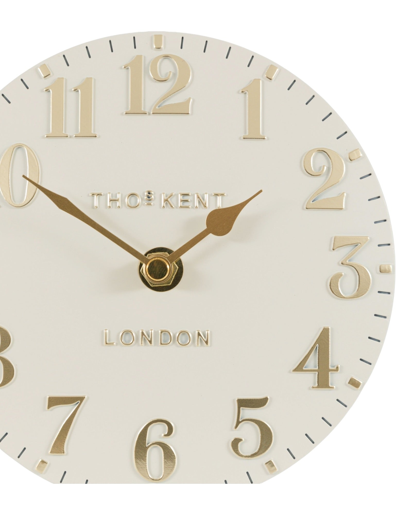Thomas Kent 6-inch Arabic mantle clock in oatmeal white with black numerals, decorative clock for mantle or shelf display.