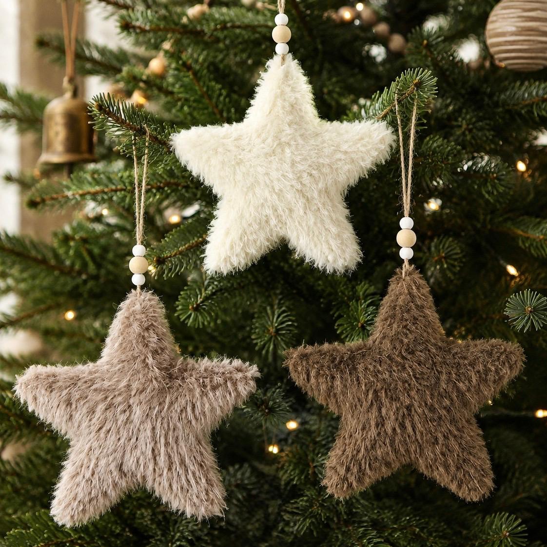Neutral Hanging Fluffy Star, cream, taupe and brown fluffy stars hanging on a Christmas tree