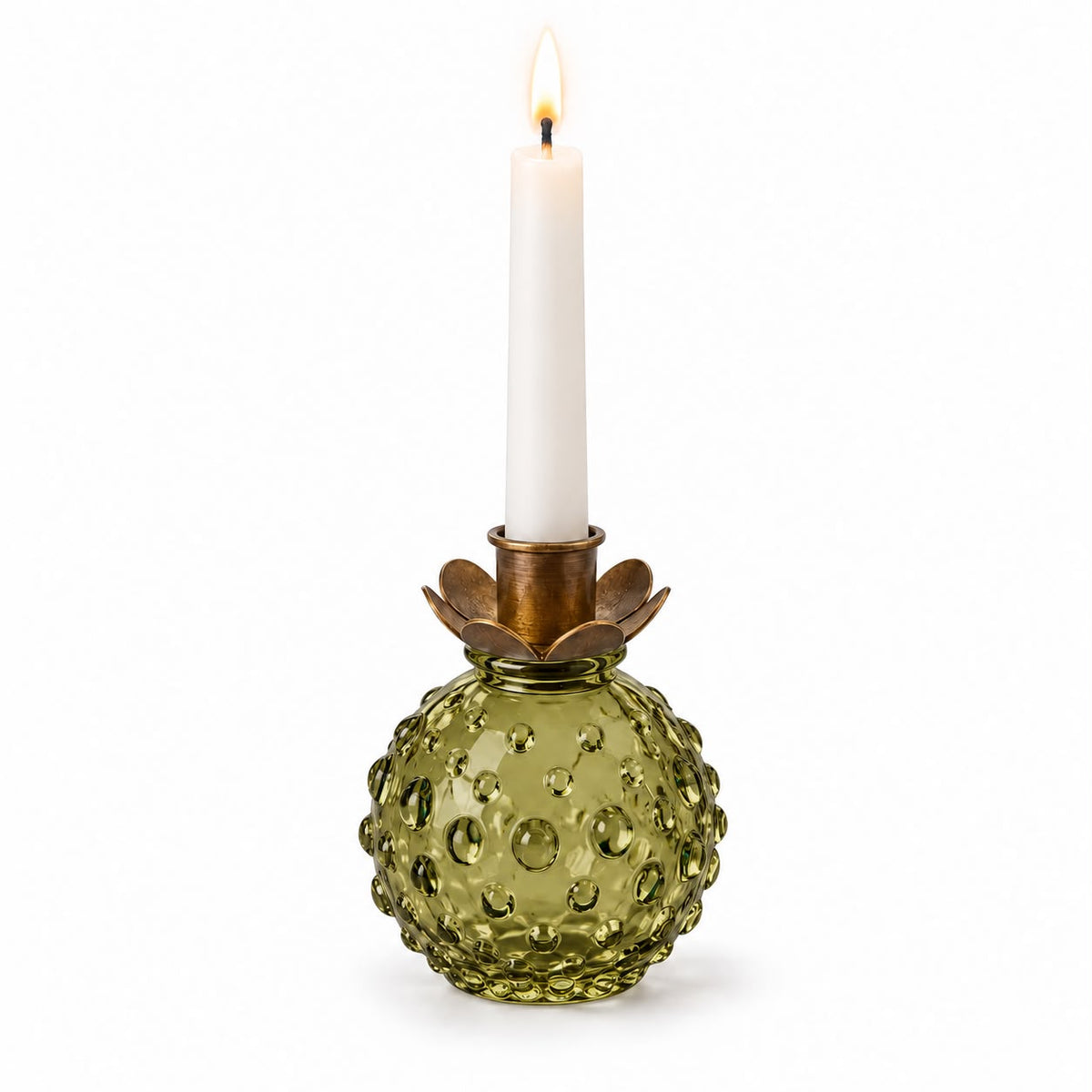 Olive green round glass bud vase from Terrace & Garden Ltd, showcasing a smooth, spherical shape ideal for small floral arrangements.