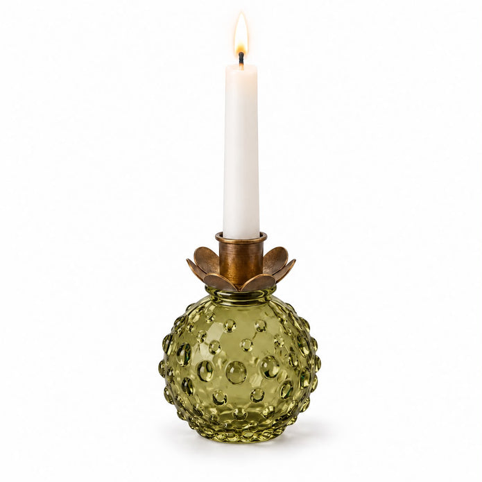 Olive green round glass bud vase from Terrace & Garden Ltd, showcasing a smooth, spherical shape ideal for small floral arrangements.