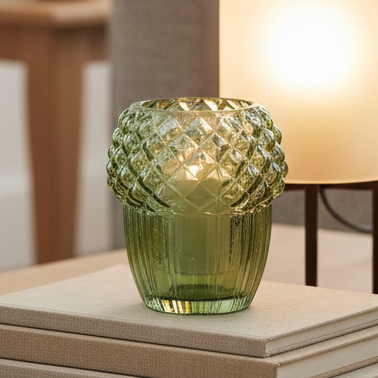 Green Glass Acorn Tealight Candle Holder