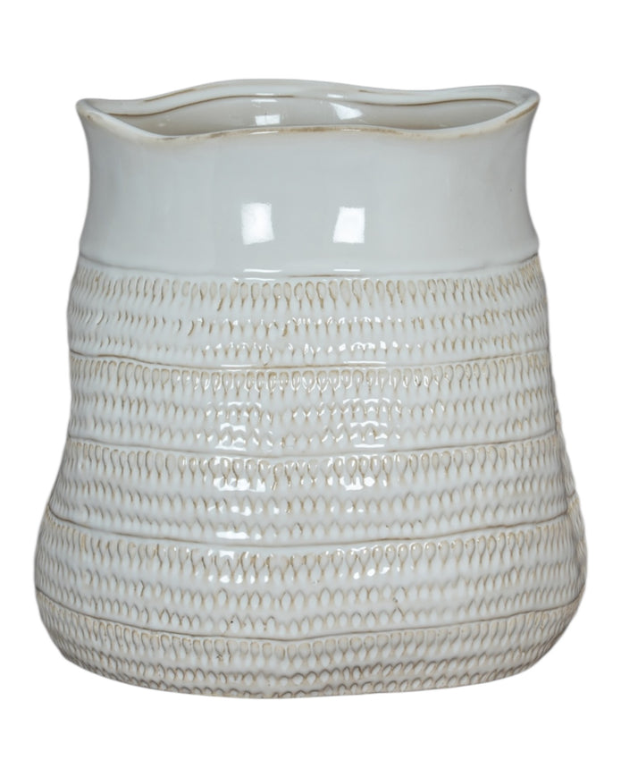 White ceramic wide neck textured vase by Hill Interiors, showcasing a modern design and intricate surface detail.
