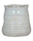 White ceramic wide neck textured vase by Hill Interiors, showcasing a modern design and intricate surface detail.