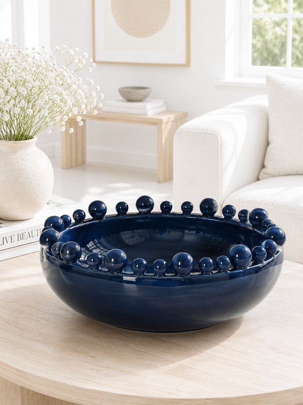 Round Extra Large Navy Blue Bobble Edged Bowl