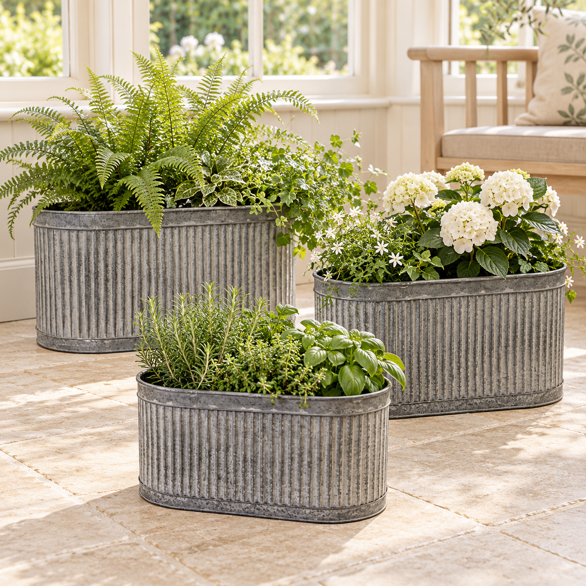 Ribbed Oval Galvanised Metal Planter Troughs - Set of Three
