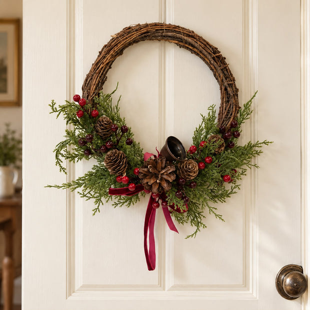 Medium Satchville Christmas twig wreath with red berries, pinecones, bells, and a bow for festive holiday decor.
