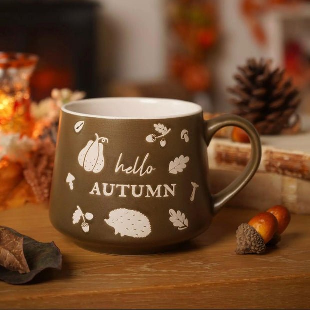 Chocolate Brown Hedgehog Hello Autumn Mug