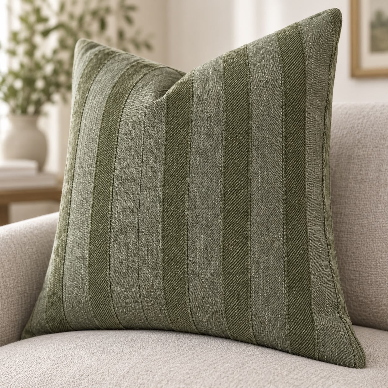 Olive Green Textured Stripe Velveteen Cushion Cover