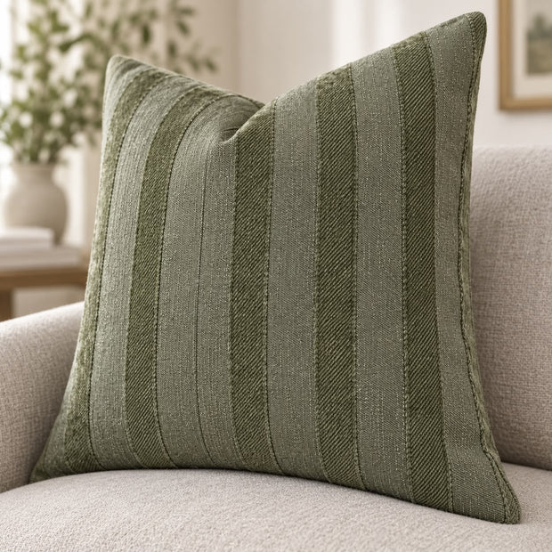 Olive Green Textured Stripe Velveteen Cushion Cover, olive green striped cushion on a cream sofa