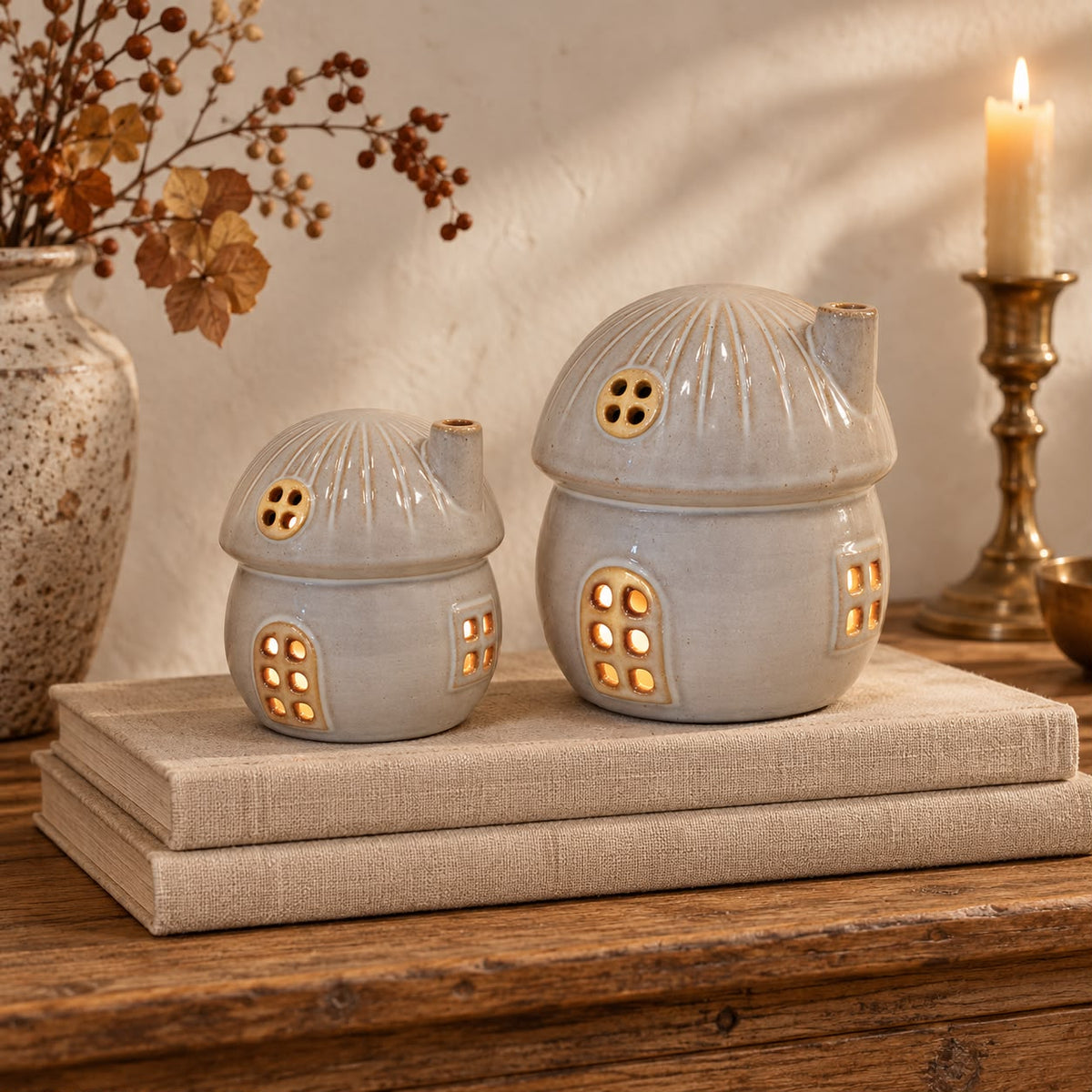 Glazed Ceramic Mushroom House with LED Ornament with Textured Detail
