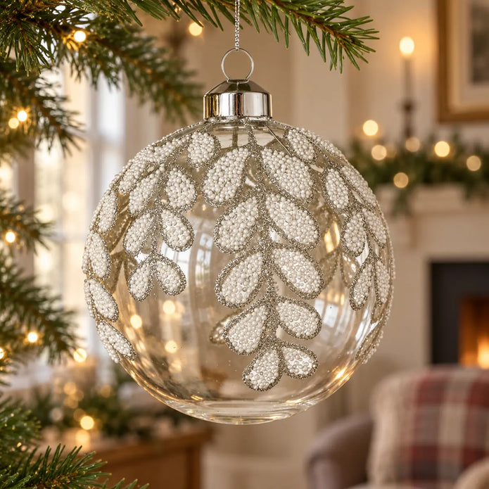 Large clear glass bauble with white beaded leaves hanging from a Christmas tree