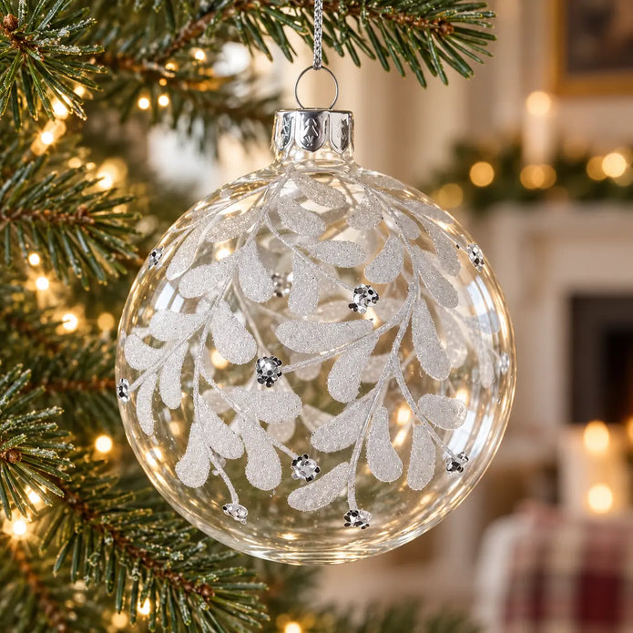Clear glass bauble with white glitter leaves hanging on a Christmas tree