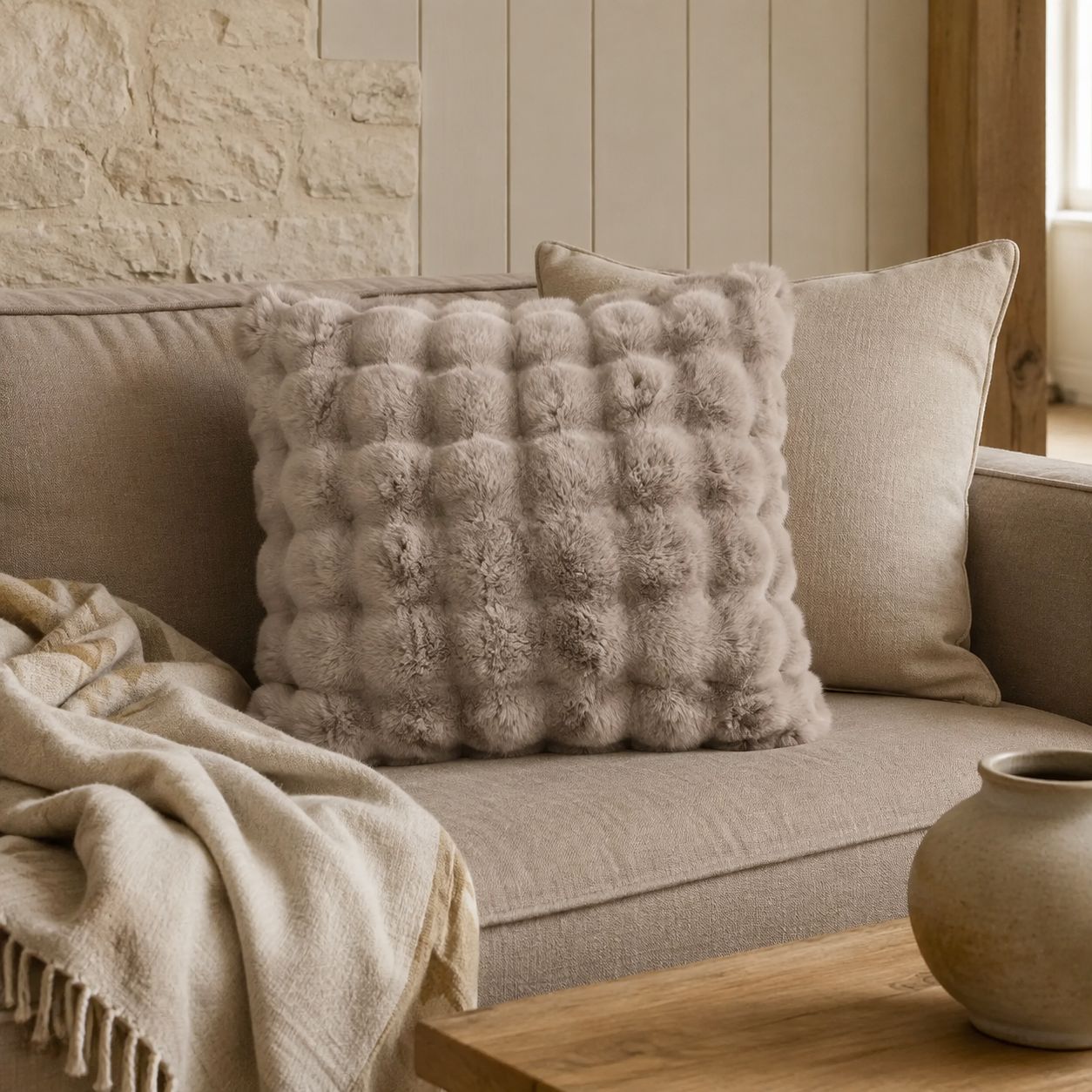 Beige Luxury Faux Fur Cushion