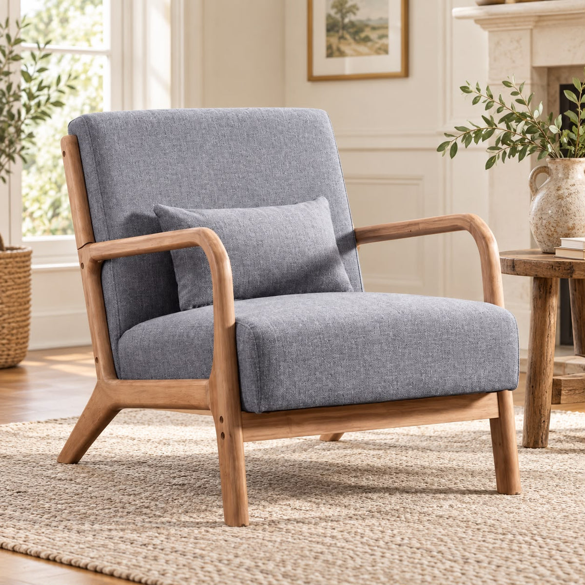 Grey Retro Wooden Framed Arm Chair