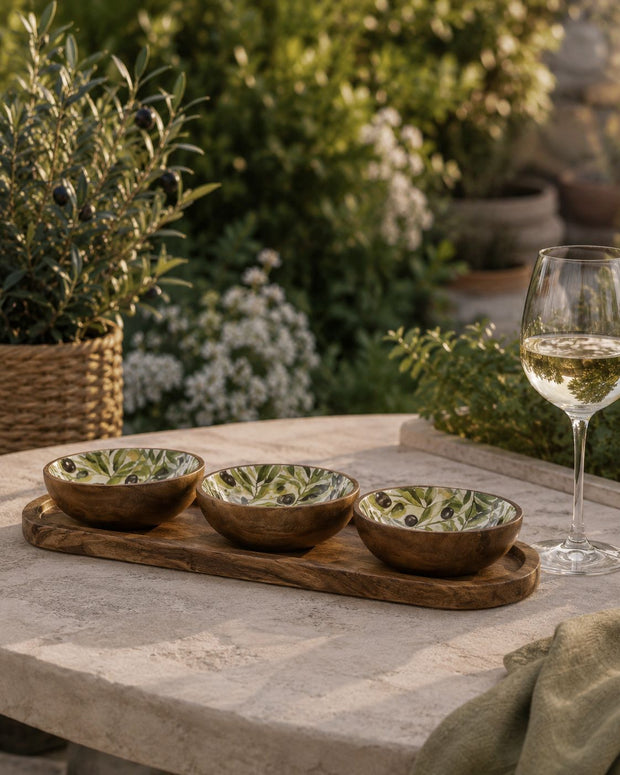 Olive Pattern Mango Wood + Melamine Dipping Bowls Set
