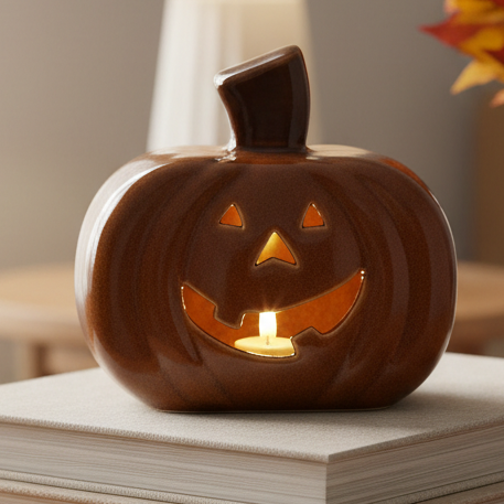 Dark Orange Small Ceramic Light Up Pumpkin