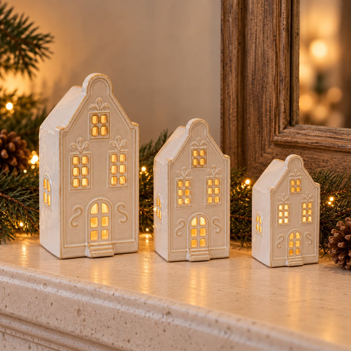 White Ceramic LED Light Up Dutch Christmas House